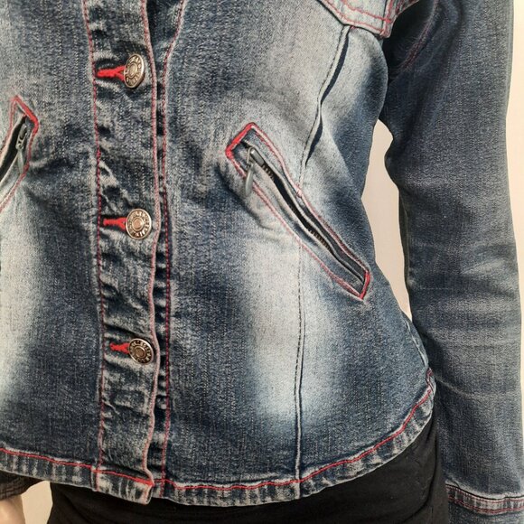Vintage 90s Denim Shirt Jean Jacket Shacket Size 7 Western Stretch Fitted - Picture 3 of 8